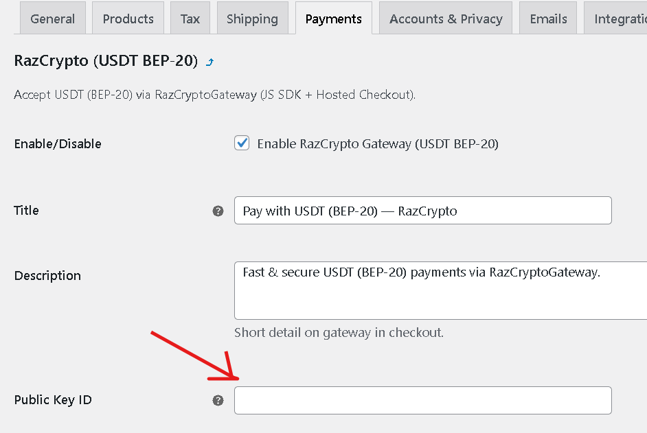 RazCrypto WooCommerce payment settings screen